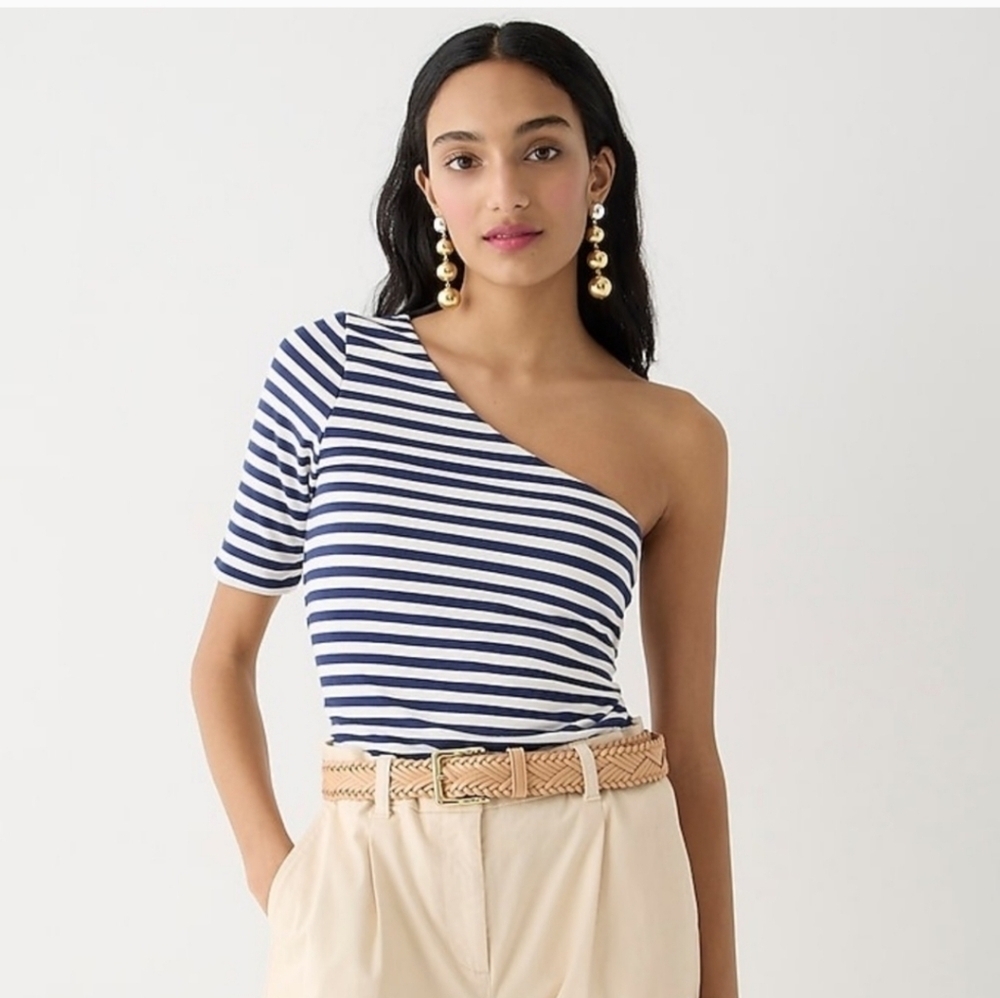 ​J. Crew FormKnit One-Shoulder Striped Elbow-Sleeve Top Navy White 2X